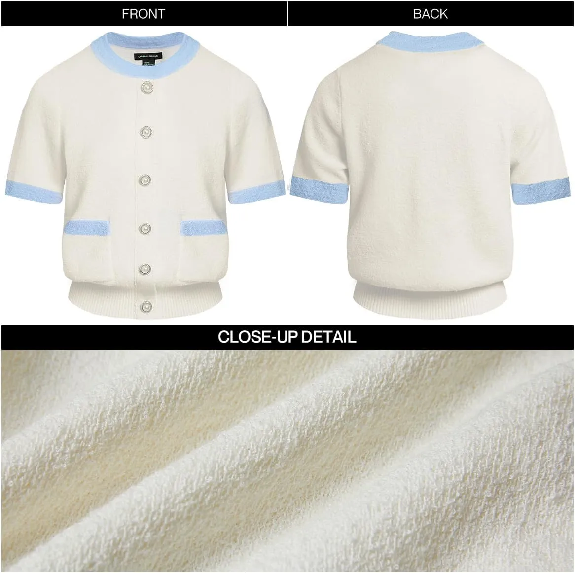 Women's Short Sleeve Sweater Summer Crew Neck Cropped Color Block Tops Casual Knit Shirts with Pockets
