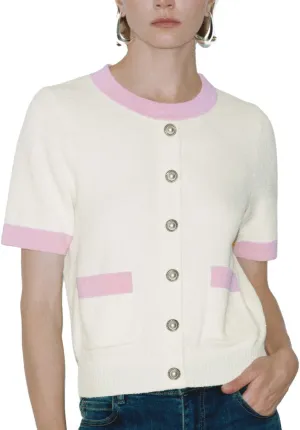 Women's Short Sleeve Sweater Summer Crew Neck Cropped Color Block Tops Casual Knit Shirts with Pockets