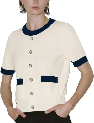 Women's Short Sleeve Sweater Summer Crew Neck Cropped Color Block Tops Casual Knit Shirts with Pockets
