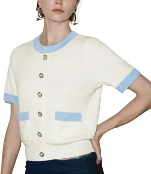 Women's Short Sleeve Sweater Summer Crew Neck Cropped Color Block Tops Casual Knit Shirts with Pockets