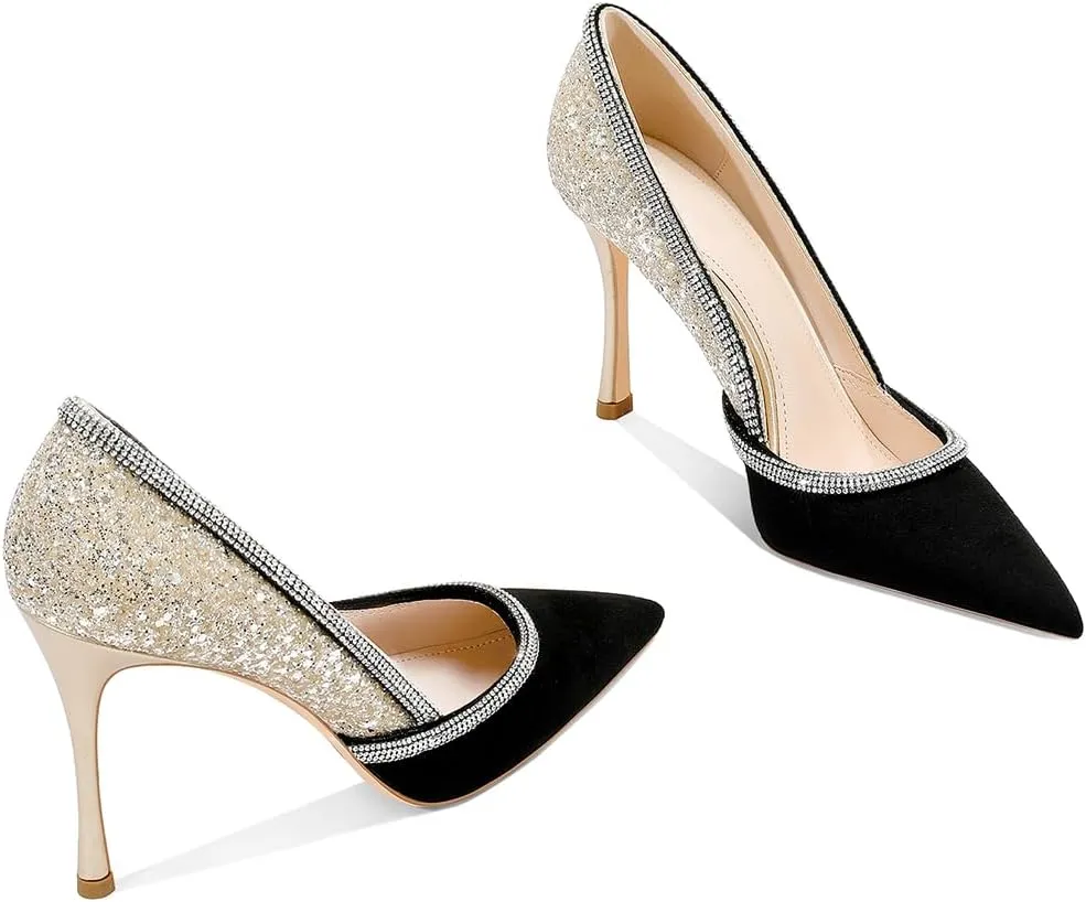 Women's Sparkly High Heels Closed Pointed Toe Pumps 3.74-inch Sexy Slip on Heels Wedding Party Pumps Shoes
