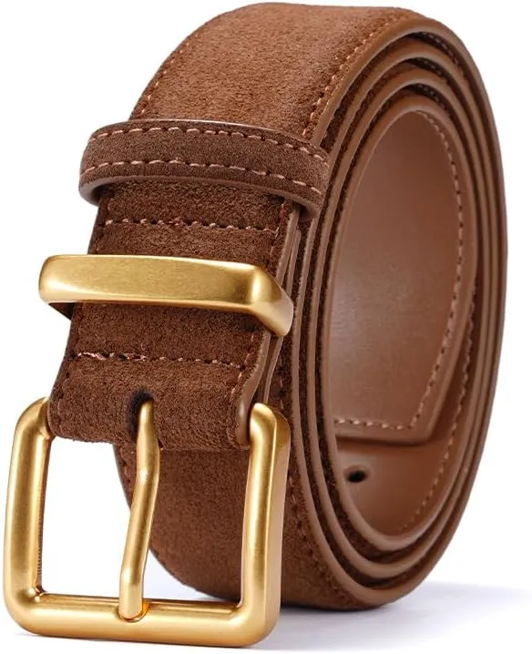 Women's Suede Leather Belt - Wide Gold Buckle Belt for Dresses & Jeans, Adjustable Waist Belt (Fits 26"-35")