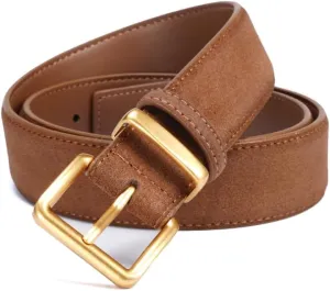 Women's Suede Leather Belt - Wide Gold Buckle Belt for Dresses & Jeans, Adjustable Waist Belt (Fits 26"-35")