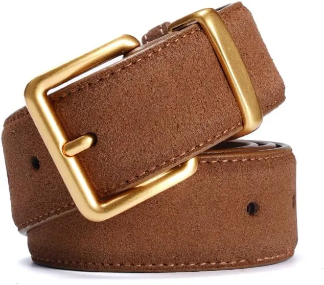 Women's Suede Leather Belt - Wide Gold Buckle Belt for Dresses & Jeans, Adjustable Waist Belt (Fits 26"-35")