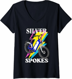 Womens Silver Spokes E-Bike Riders Senior Group Cruising Style V-Neck T-Shirt