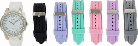 XOXO Women’s Silver-Tone Analog Watch with Crystal-Accent Bezel – 7 Interchangeable Silicone Bands – Stylish Quartz Timepiece with Adjustable Fit – Gift-Ready Box
