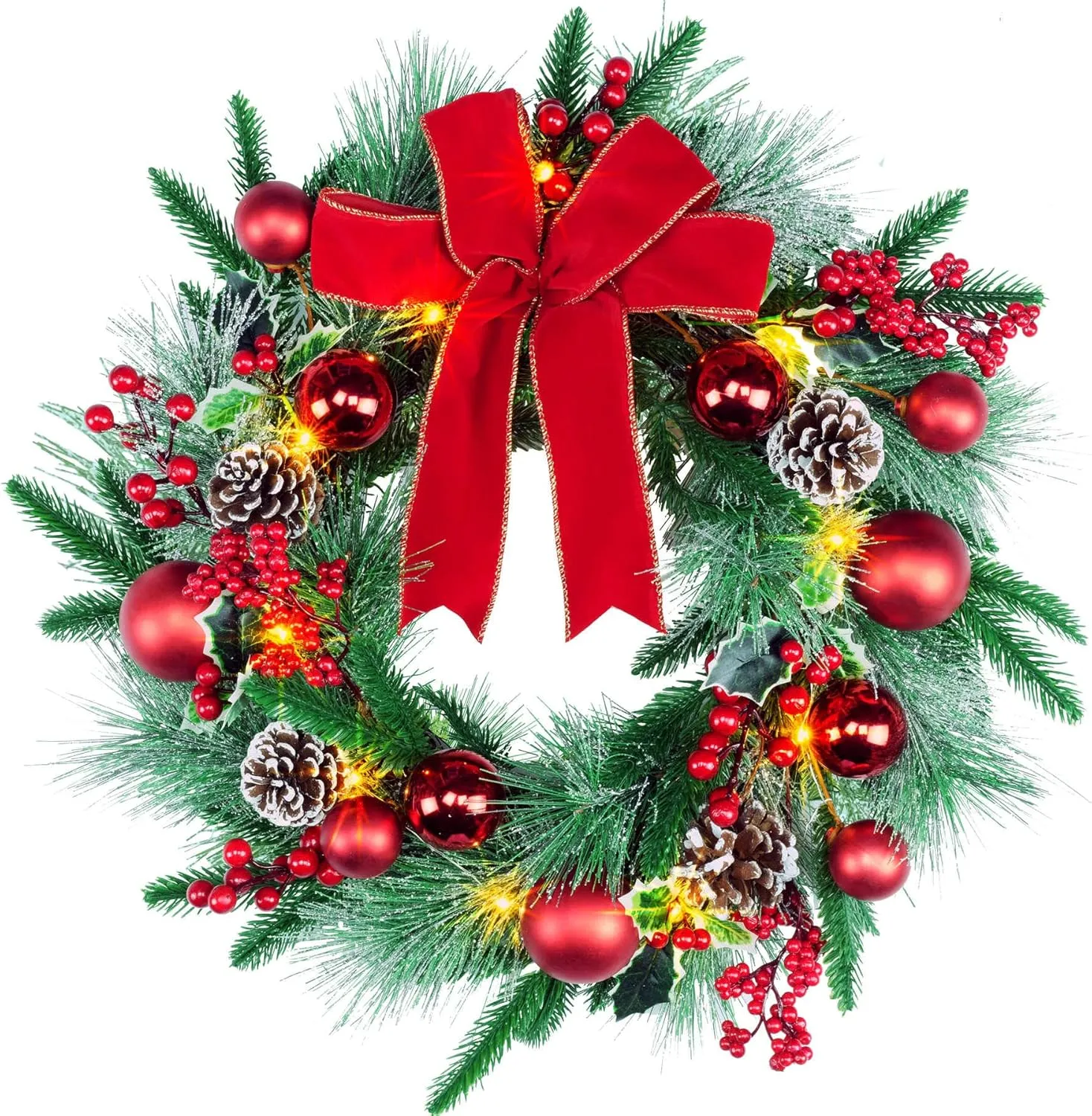 YULETIME 20" Pre-Lit Christmas Wreath, Battery Operated with 10 Fairy Lights Holiday Wreath, Red Bowknot & Baubles, Pine Cones, Red Berries, Green Leaves Holly, Spruce Branches, Pine Needles (Red)