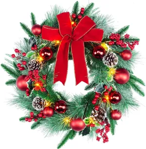 YULETIME 20" Pre-Lit Christmas Wreath, Battery Operated with 10 Fairy Lights Holiday Wreath, Red Bowknot & Baubles, Pine Cones, Red Berries, Green Leaves Holly, Spruce Branches, Pine Needles (Red)
