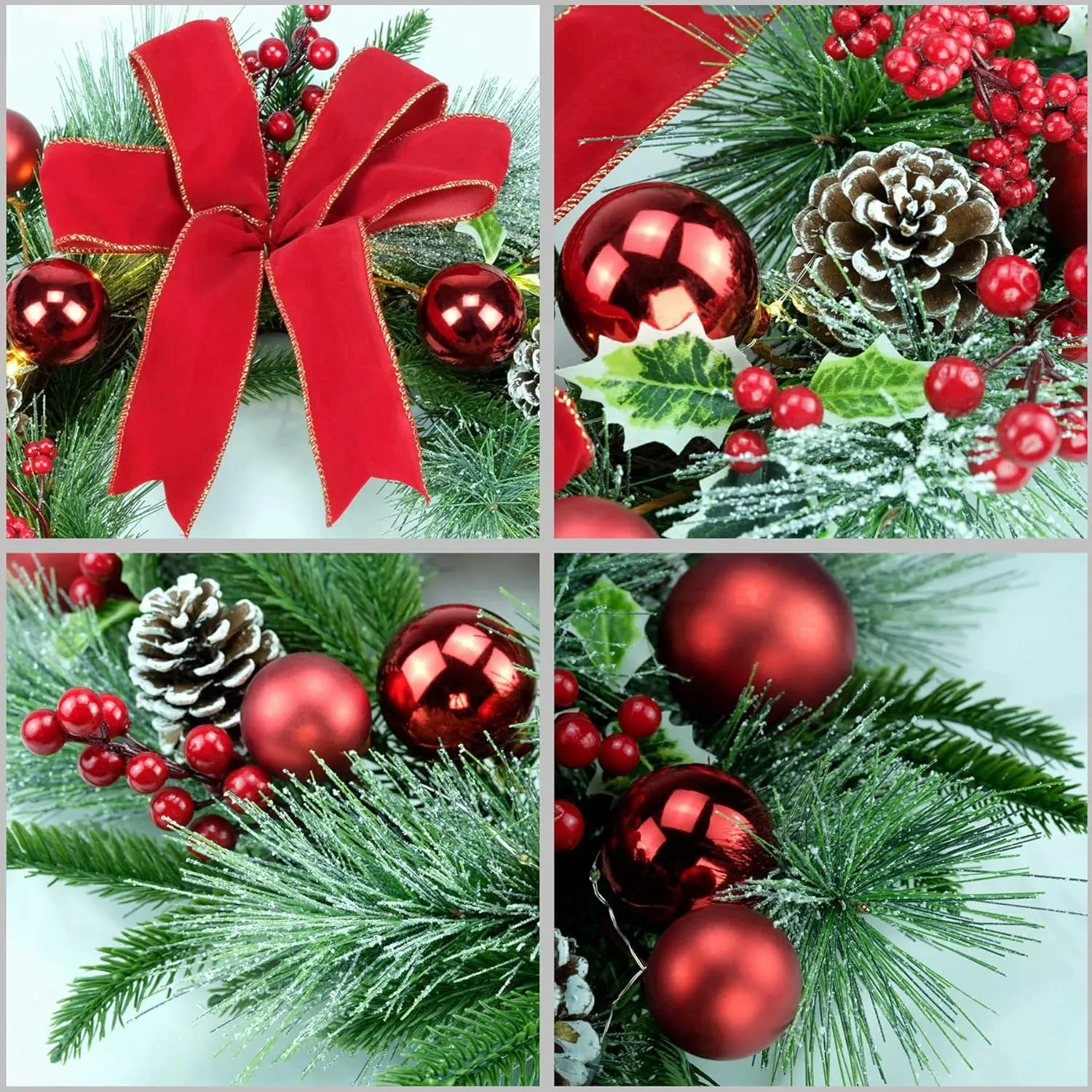 YULETIME 20" Pre-Lit Christmas Wreath, Battery Operated with 10 Fairy Lights Holiday Wreath, Red Bowknot & Baubles, Pine Cones, Red Berries, Green Leaves Holly, Spruce Branches, Pine Needles (Red)