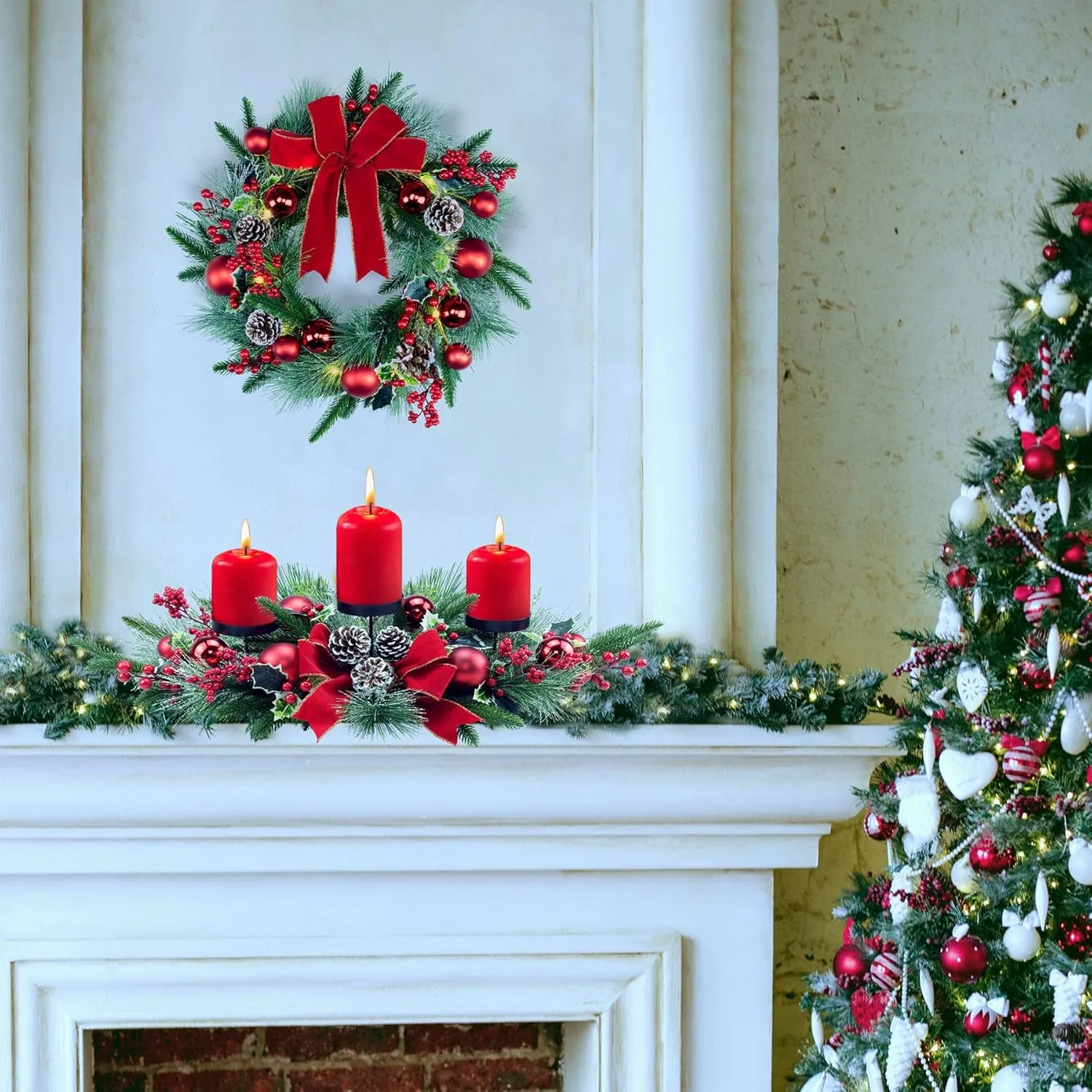 YULETIME 20" Pre-Lit Christmas Wreath, Battery Operated with 10 Fairy Lights Holiday Wreath, Red Bowknot & Baubles, Pine Cones, Red Berries, Green Leaves Holly, Spruce Branches, Pine Needles (Red)