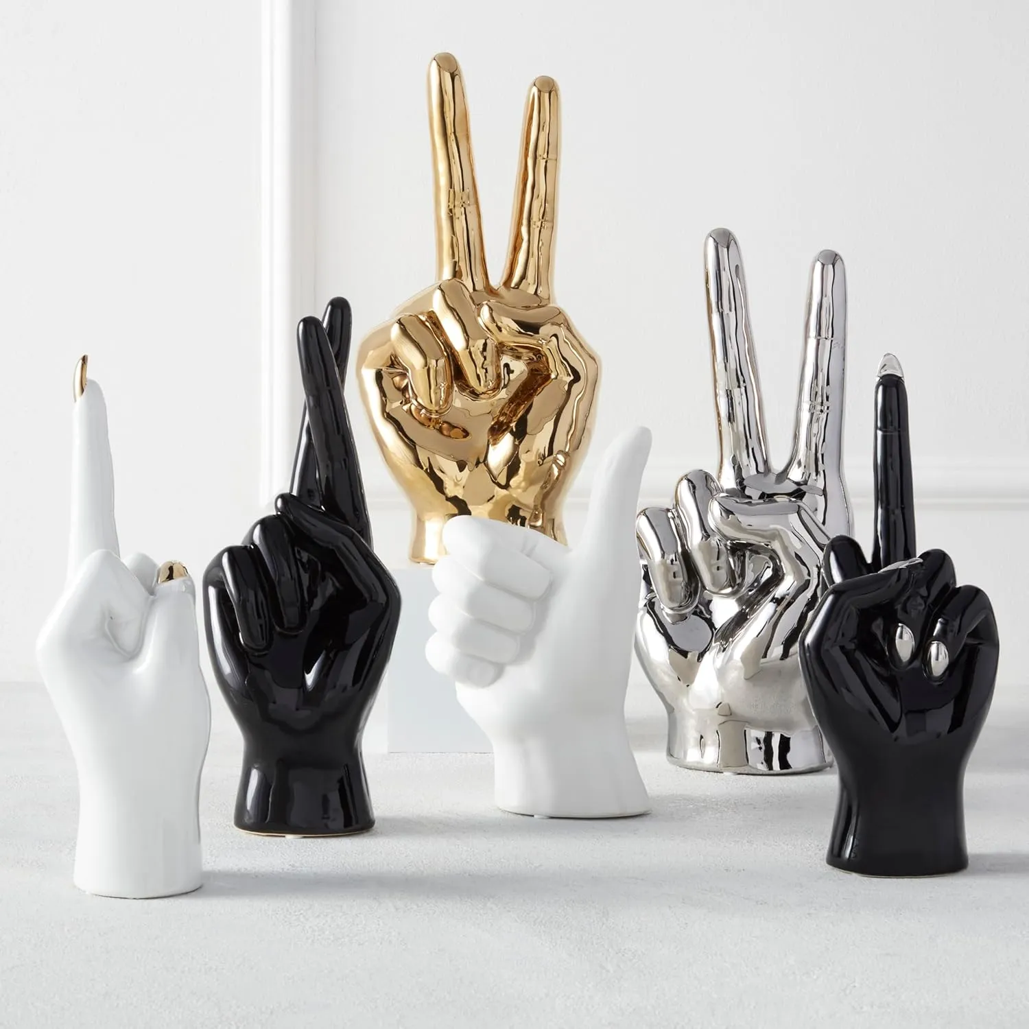 Z Gallerie Quirky & Edgy Ceramic Hand Sculpture Bold Finger Statue in Gold, Silver & Black for Modern Home & Office Décor Crossed Fingers
