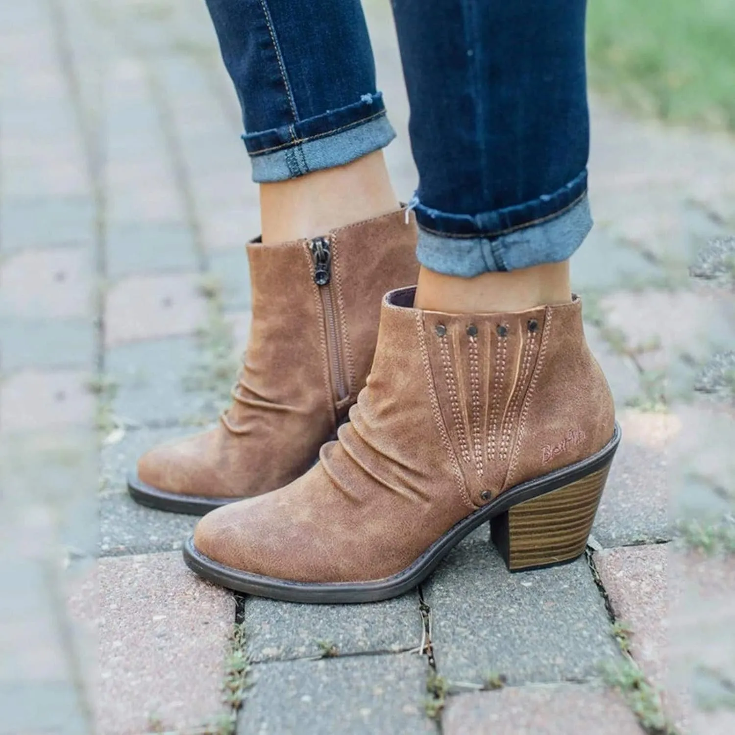 ZBYY Women's Ankle Booties Comfort Slip On Suede Low Chunky Heel Round Toe Side Zipper Winter Shorts Dress Shoes