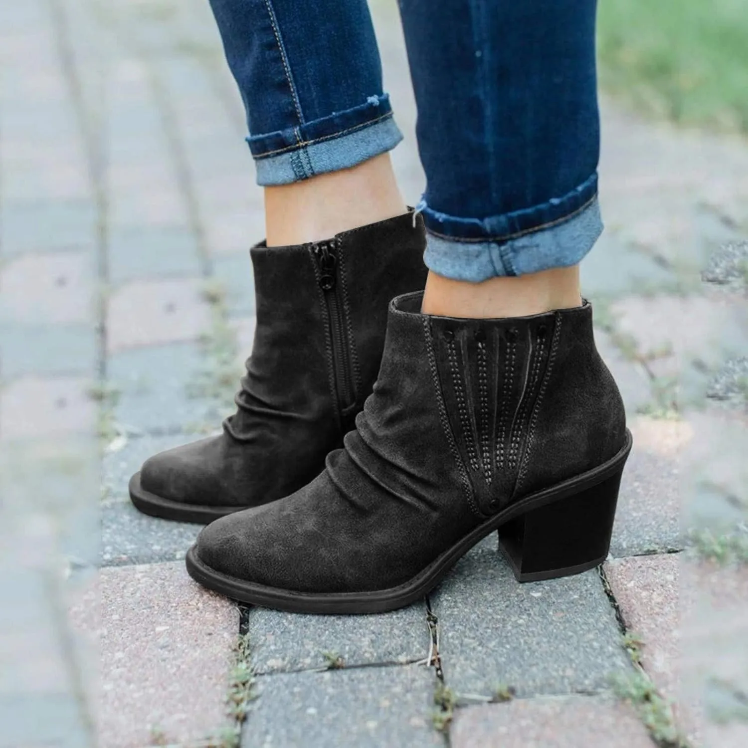ZBYY Women's Ankle Booties Comfort Slip On Suede Low Chunky Heel Round Toe Side Zipper Winter Shorts Dress Shoes