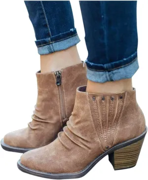ZBYY Women's Ankle Booties Comfort Slip On Suede Low Chunky Heel Round Toe Side Zipper Winter Shorts Dress Shoes